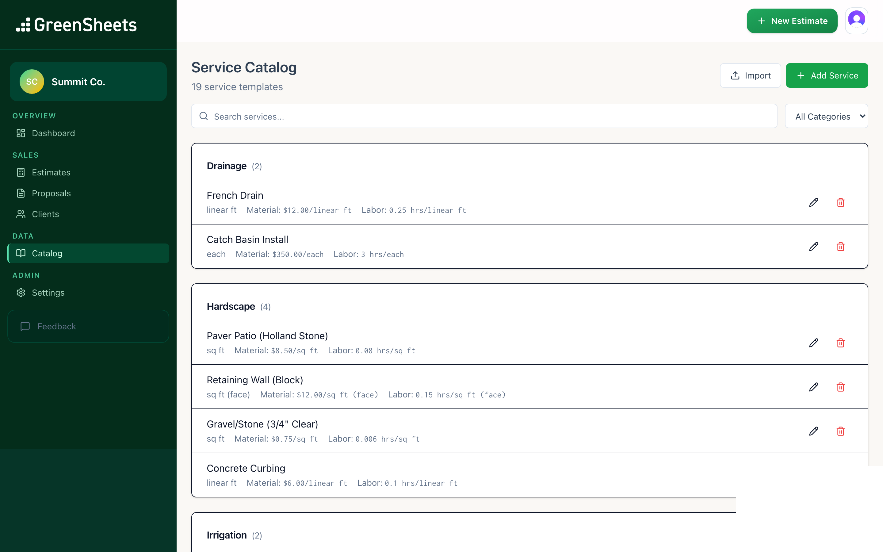 GreenSheets service catalog screenshot