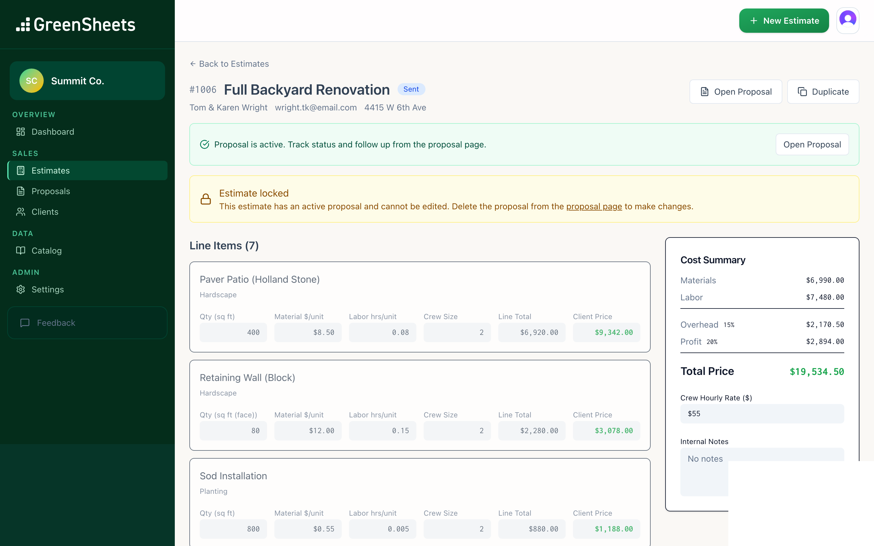 GreenSheets estimate detail screenshot with line items and cost summary