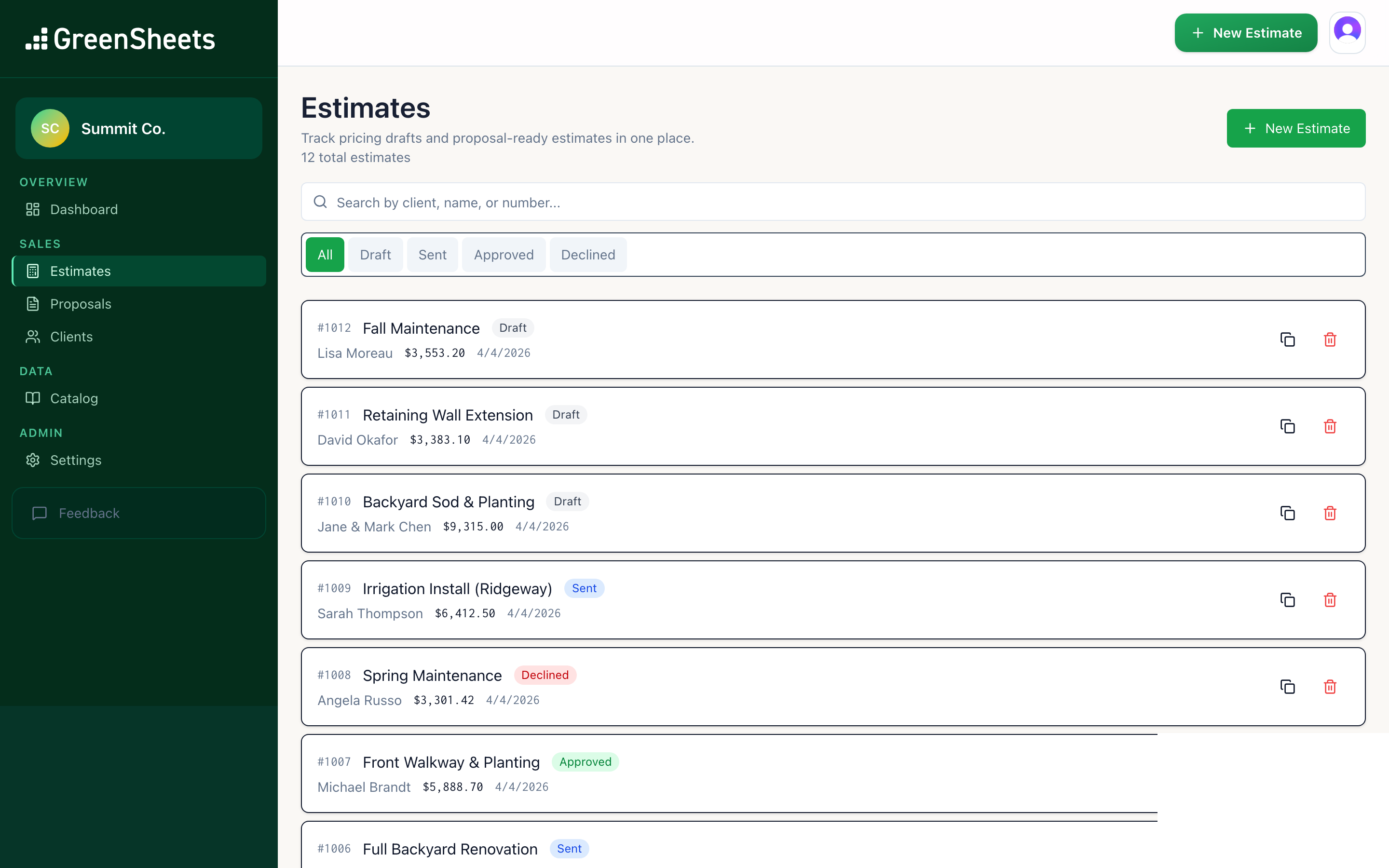 GreenSheets estimates list screenshot