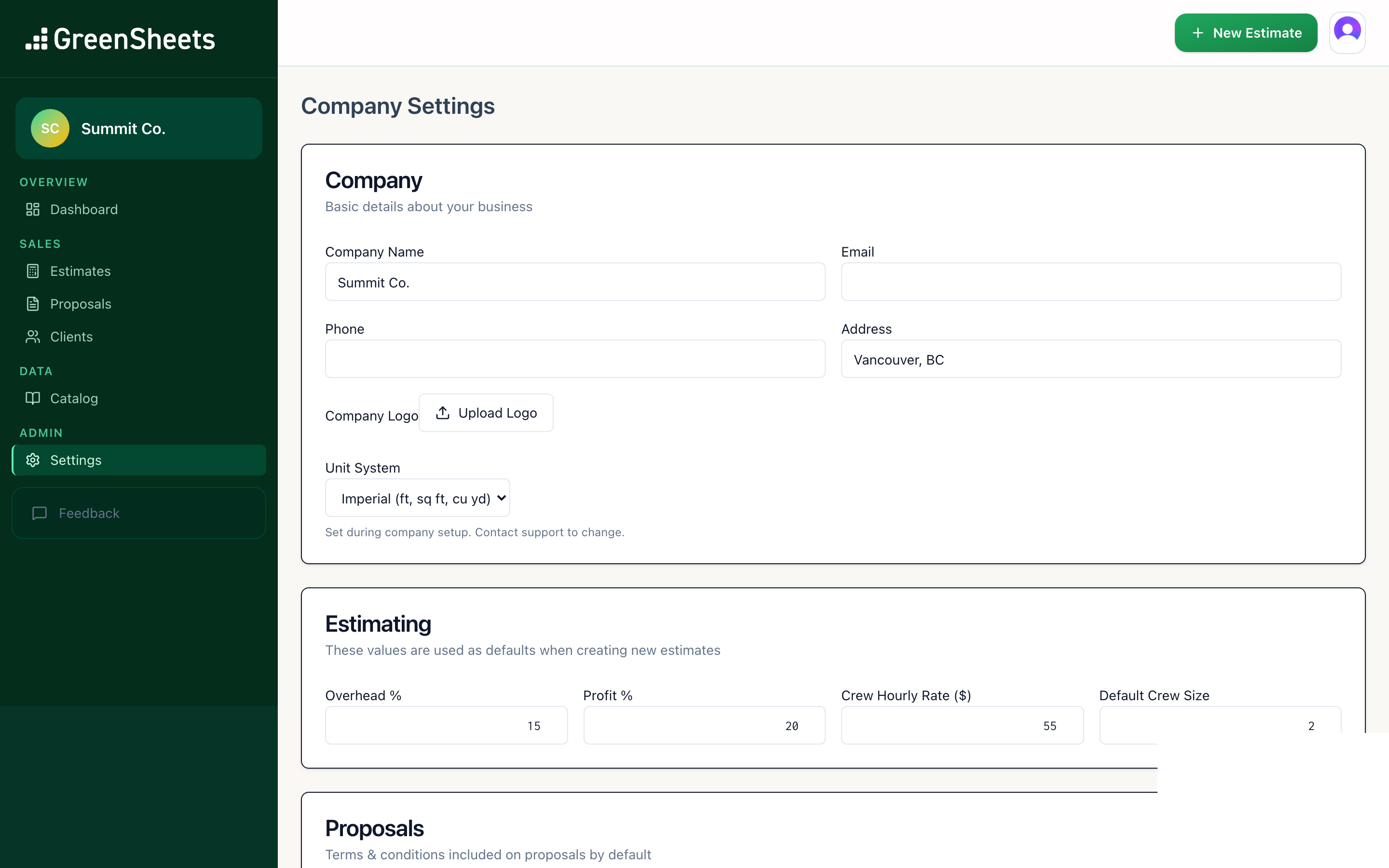 Écran de paramètres GreenSheets avec valeurs d'estimation par défaut