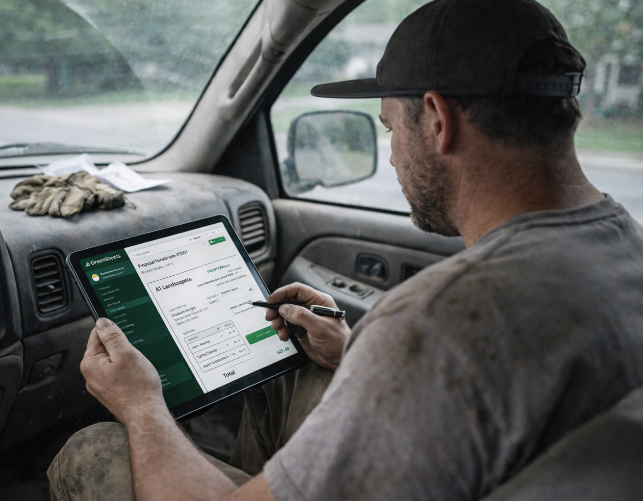 Landscape estimating software showing job cost breakdown on a tablet in a contractor's truck